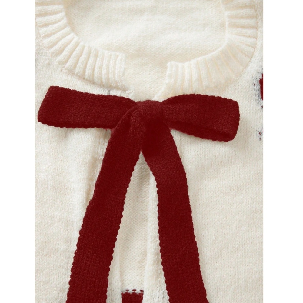 Off White Cardigan With Burgundy Front Ties and Bow Print Pattern Oversized - Picture 7 of 11